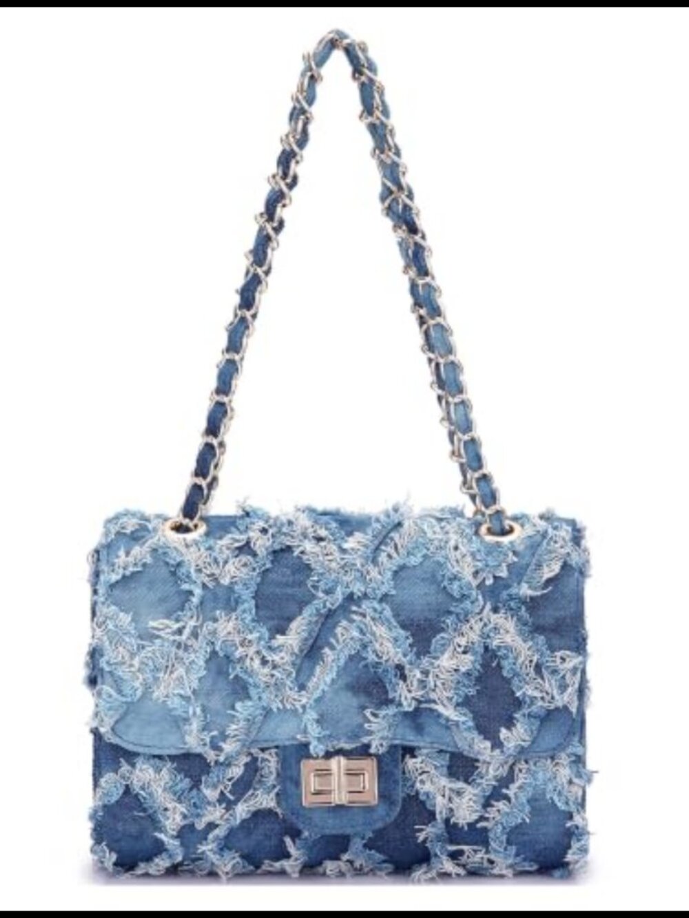 Quilted Denim Crossbody Shoulder Bag Chain Strap Twist Lock
